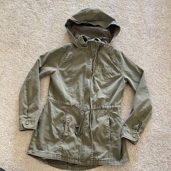 Olive Green Drawstring Utility Hooded Jacket w Button and Zip Closure Y2K Small - Picture 8 of 13